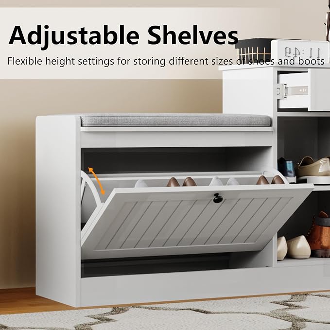 Shoe Storage Bench, Modern Wooden Shoe Cabinet with Flip Drawer and Adjustable Shelf, Entry Way Bench with Padded Seat Cushion for Entryway, Hallway, Living Room,Pebble Grey - Image 5