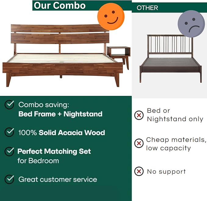 Acacia Aurora Queen Solid Wood Bed Frame with Headboard – Gift Matching Nightstand Included, Mid-Century Modern Farmhouse, Walnut Finish, 800 lbs Capacity, Sturdy, No Box Spring, Easy Assembly