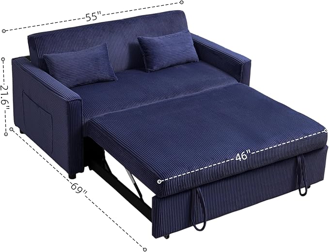 Ball & Cast 55" 3 in 1 Loveseat Futon Sofa-Bed,Convertible Pull Out Couch,Corduroy Upholstered Sleeper Sofa Bed with Adjustable Backrest,Side Pocket and 2 Pillows,Chaise Lounge for Living Room,Blue