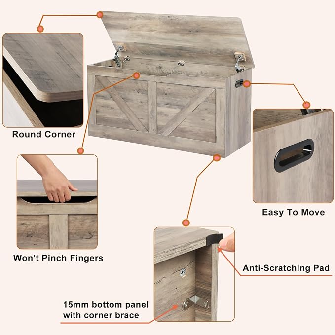 Timberer 39.4" Storage Chest, Wooden Storage Bench, Large Storage Trunk with 2 Safety Hinges, Entryway Shoes Bench for Living Room, Bedroom,Grey - Image 5