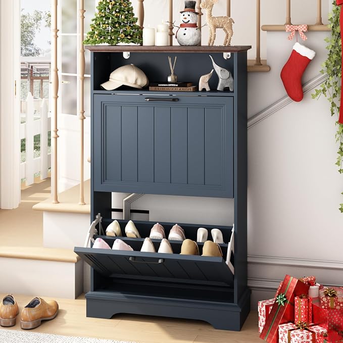Shoe Storage Cabinet with 2 Flip Drawers, 24" W Farmhouse Modern Hidden Shoes Rack with Adjustable Shelves & Open Storage, Narrow Slim Shoe Organizer for Front Door Entrance, Entryway, Navy Blue by WINWY