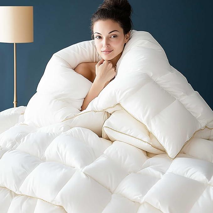 Puffy White Feather Comforter King Size, All Season Duvet Insert Feather Downfiber Filled, 100% Cotton Luxury Hotel Collection, 4 Corner Loops, Gold Piping