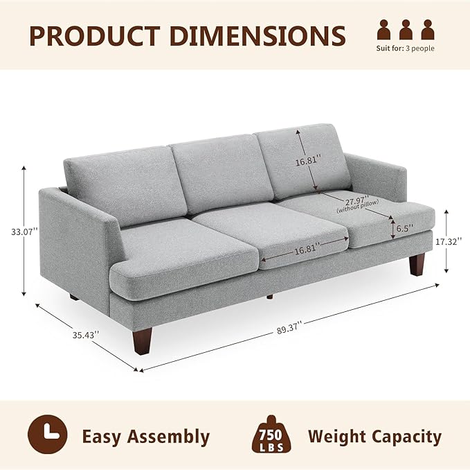 Mid Century Modern Couches for Living Room, 89" Comfy Grey Couch Sofa with 3-Seater Deep Seats, Upholstered Sofas for Living Room, Office Apartment, Bedroom