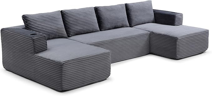 132-Inch U-Shaped Cloud Sectional Couch, Symmetrical Modular Compressed Boneless Sectional Sofa with Chaise Lounges, Plush Corduroy Boneless Corner Sofa W/Cupholders