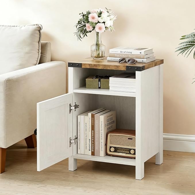 Vabches Farmhouse Nightstands Set of 2 with Barn Door, End Table with Charging Station, Rustic Bedside Table with Storage and Open Compartment for Bedroom, White - Image 3