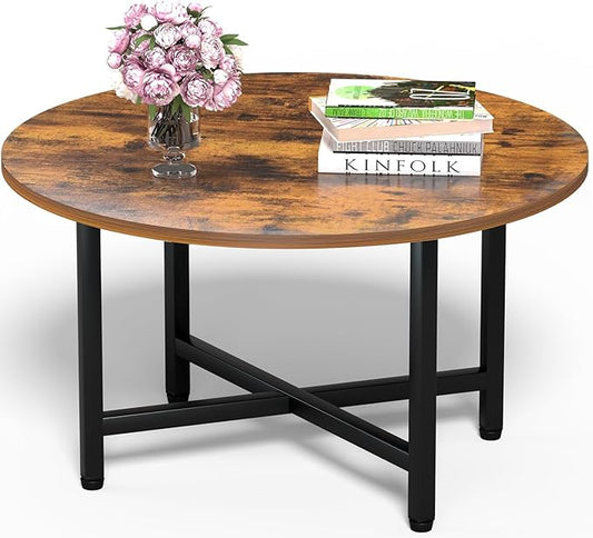 Round Coffee Table, 23.6" Small Coffee Tables for Living Room, Circle Coffee Table with Metal Frame, Floor Table Desk for Sitting on The Floor, Home, Office, Rustic Brown