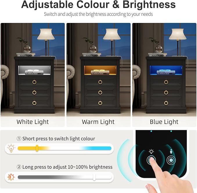 Farmhouse Nightstand Set 2 with Gun Drawer,Bedside Table with Charging Station and Human Body Senor,3 LED Lights Night Stand with 3 Drawers and Open Shelf,End Side Table for Bedroom(Black) - Image 4