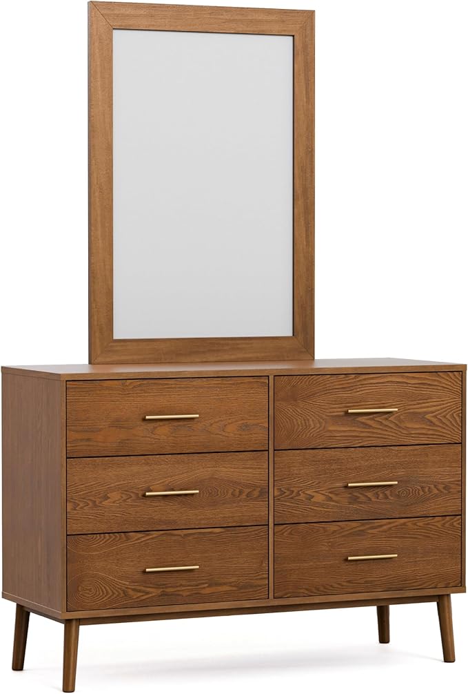 Furniture of America Wyatt Modern Solid Wood Bedroom Collection with Queen Bed Frame, Nightstands, Dresser with Mirror, Chest, No Box Spring Needed, Walnut, Boucle Platform, 6-Piece Set