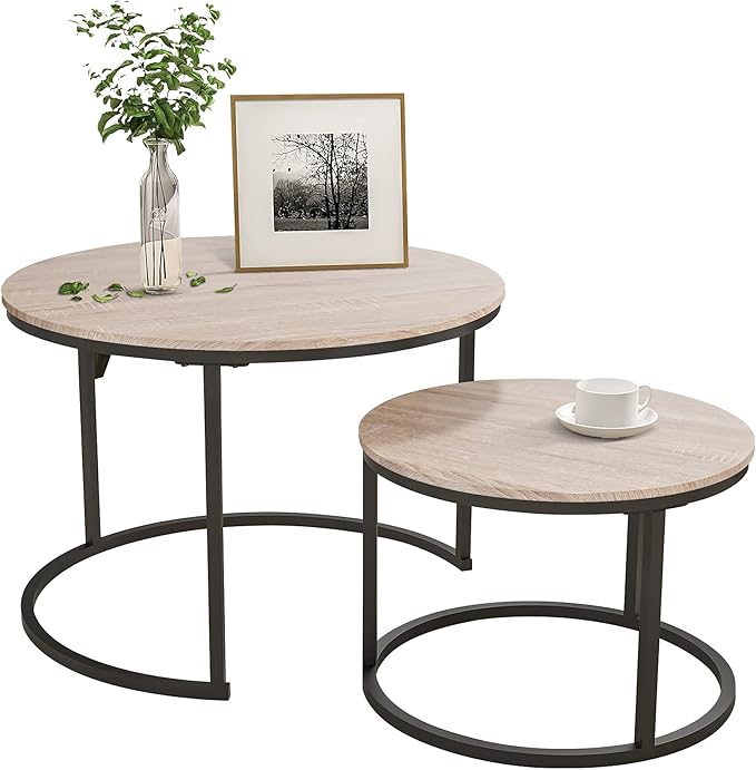 HOJINLINERO Round Coffee Table,Nesting Coffee Table Set of 2,Center Tables for Living Room,Office, Home Small Space,Stacking Side Tables,Sturdy and Easy Assembly,Wood Desktop,Black+Teak OAKDK,Large