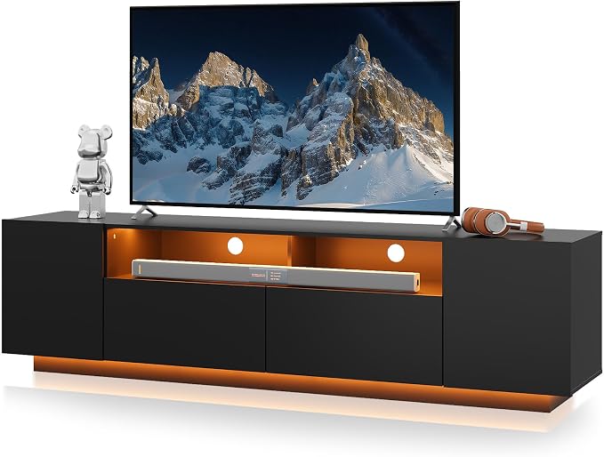 WLIVE LED TV Stand with Large Storage Cabinet, Modern Entertainment Center for 55/60/65/70/75 Inch TVs, Sturdy TV Console for Living Room, Bedroom,Rec Room(Black) by WLIVE