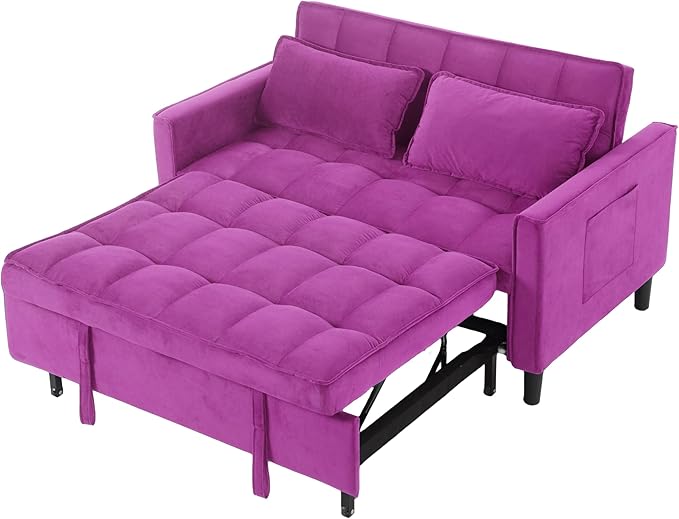 3 in 1 Convertible Sofa Bed, Love Seat Sleeper Bed with Side Pockets, Velvet Fabric Pull Out Couch with Adjustable Backrest for Living Room, Bedroom, Apartment, Deep Pink