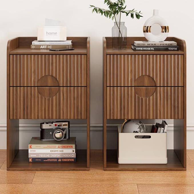 Fluted Nightstand Set of 2, Small Night Stand Table with Drawer, Wood Side Table with Storage, Boho Mid Century Modern Vintage Bedside Table, Walnut End Table for Bedroom by Jluomei
