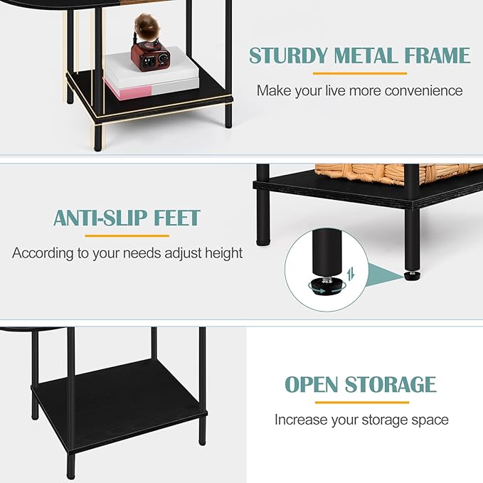 Farmhouse Oval Coffee Table with Storage, 2-Tier Wood Center Table for Living Room, Mid Century Modern Coffee Table Low Cocktail Tea Table for Small Space, Office, Apartment, Brown & Black