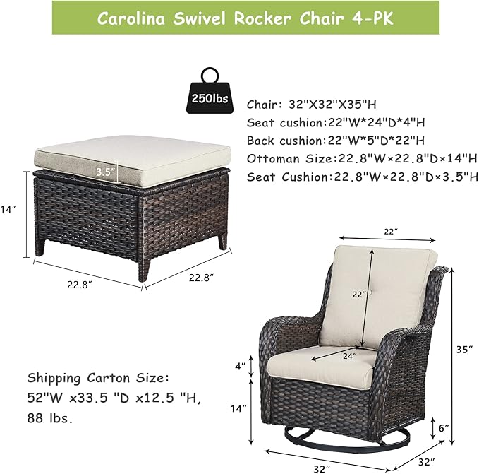 Rilyson Wicker Patio Furniture Set - 4 Piece Rattan Outdoor Sectional Conversation Sets with 2 Swivel Rocking Chairs,2 Ottomans for Porch Deck Garden(Brown/Beige)