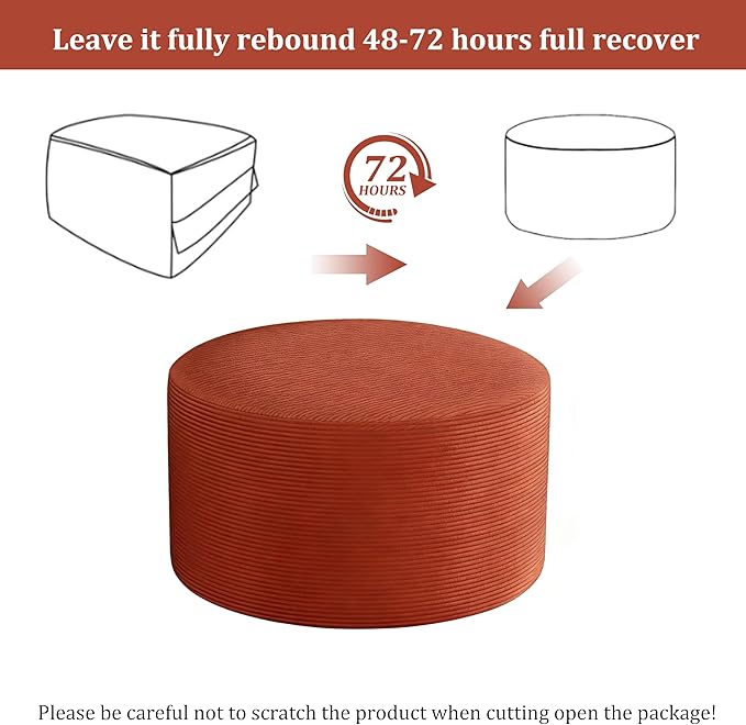 Round Coffee Table 32" Ottoman for Corduroy Cloud Sectional Couches in a Box Memory Foam Compressed Pouf Footstool Rest for Living Room, Bedroom, Makeup Room No Assembly Require (Orange, 32")