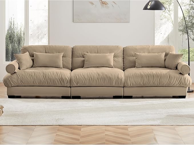 KEIKI 130" Oversized Velvet Modular Sectional Sofa with High-Density Foam Cushion and Bolstered Armrests, Upholstered Modern Style 3-Seater Cloud Couch with 5 Pillow, for Apartment, Living Room, Camel