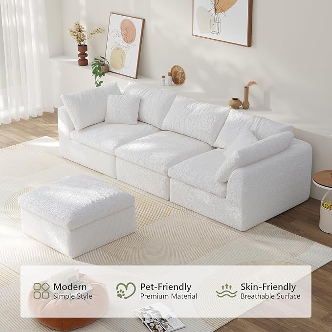 108" Modular Sectional Sofa Boneless Cloud Couch for Living Room, L Shape Deep Seat Recliner Sofa with Ottoman, Adjustable Backrest & 2 Throw Pillows - Covers Washable, (White, 3 Seater+1 Ottoman)