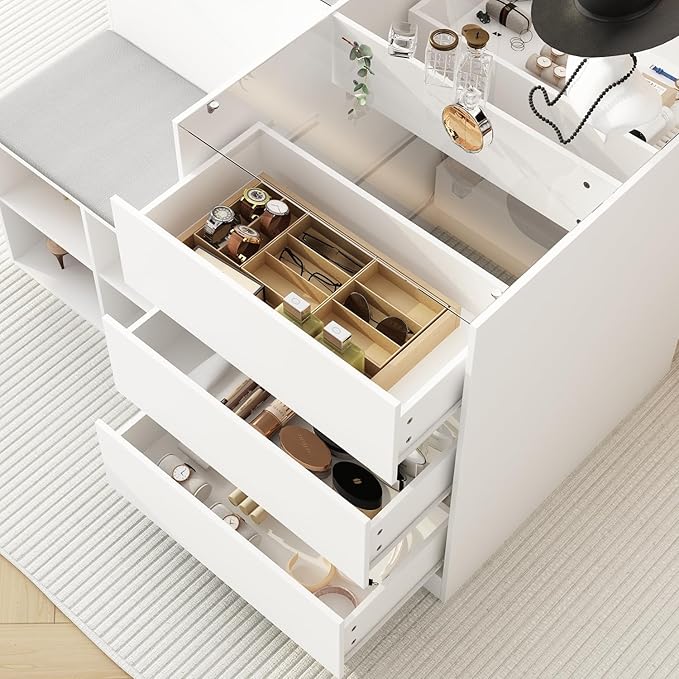Armoire Bedroom Island Wardrobe Closet Island with 9 Drawers & Glass Tabletop, Islands Dresser with Bench, Closet Islands for Bedroom Cloakroom White (47.2”W x 27.5”D x 31.5”H)