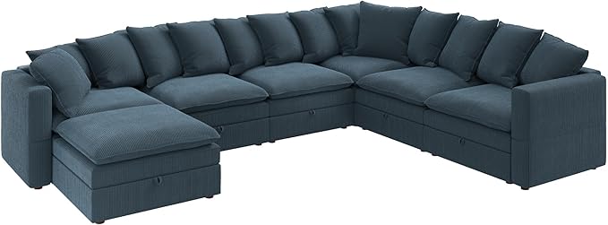 HONBAY Modular Sectional Sofa with Ottoman, 7 Seat U Shaped Couch with Storage & Pillows, 137 Inch Oversized Sectional Sofa for Living Room, Blue