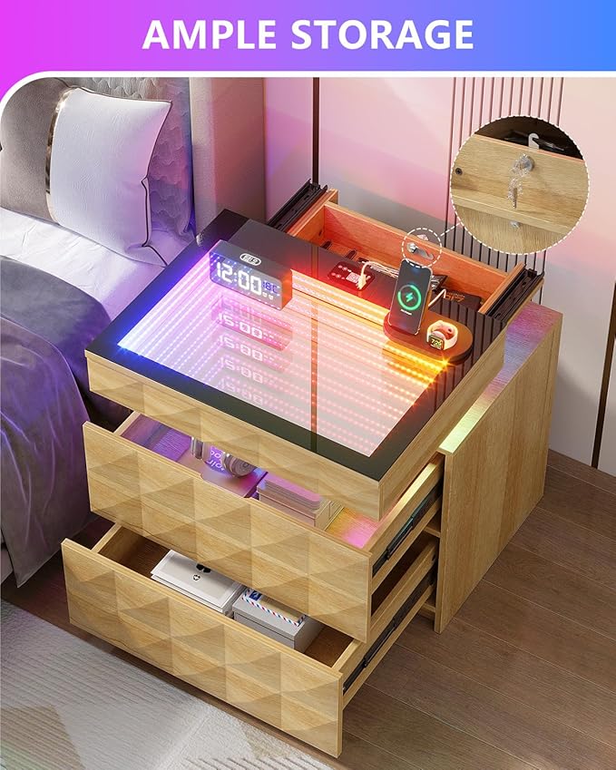 Night Stand Set 2 with Charger Station & RGB Lights, 3 Drawers Bedside Table with Sliding Top, Modern Night Stands with Human Body Sensor for Bedroom, Wood - Image 5