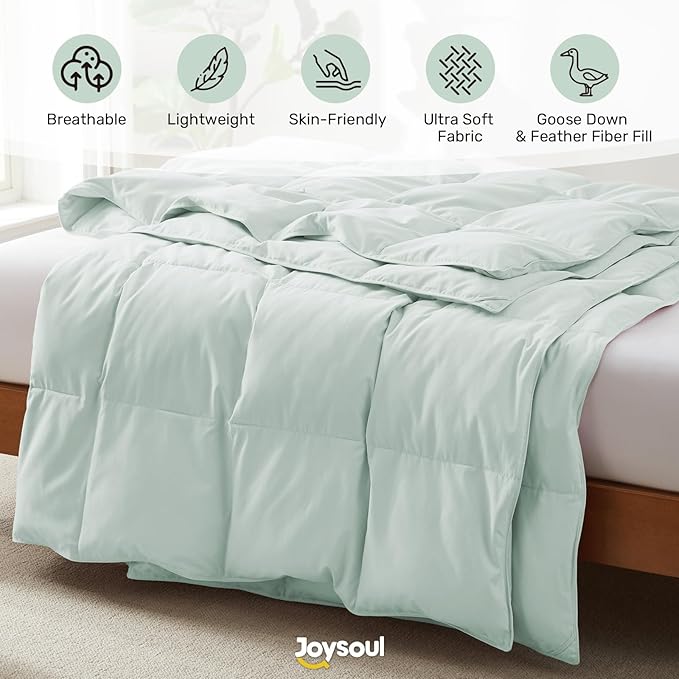 Joysoul Goose Feathers Fiber Comforter - Lightweight Ultra Soft Fabric Cover Breathable White Down Feather Fill, Light Green Twin Size Duvet Insert (68" X 88")
