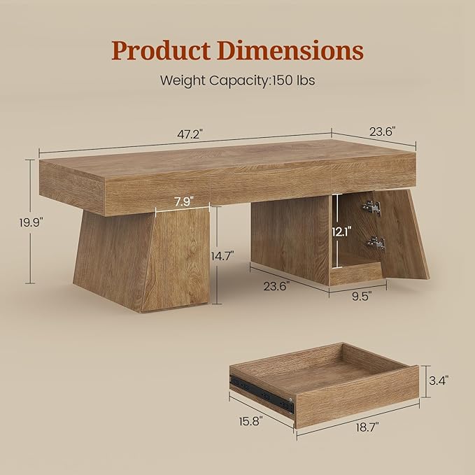 47 Inches Coffee Table with Storage, Wood Mid Century Modern Center Table with Hidden Drawer & Cabinet, Rectangle Coffee Tables for Living Room, Rustic Low Cocktail Tea Furniture Oak