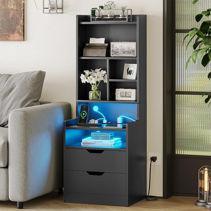 ADORNEVE Charging Nightstand Set of 2 with LED Lights,Tall Night Stand with Bookshelf,Bedside Table with Drawers,Black Side Tables Bedroom - Image 6