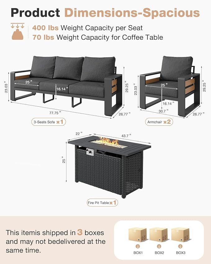 Aoxun Aluminum Patio Furniture Set with Fire Pit Table, 5 Seats Luxury Outdoor Sectional with 6" Olefin Fabric Cushions, Patio Conversation Sets with Outdoor Sofas for Backyard, Deck Dark Grey