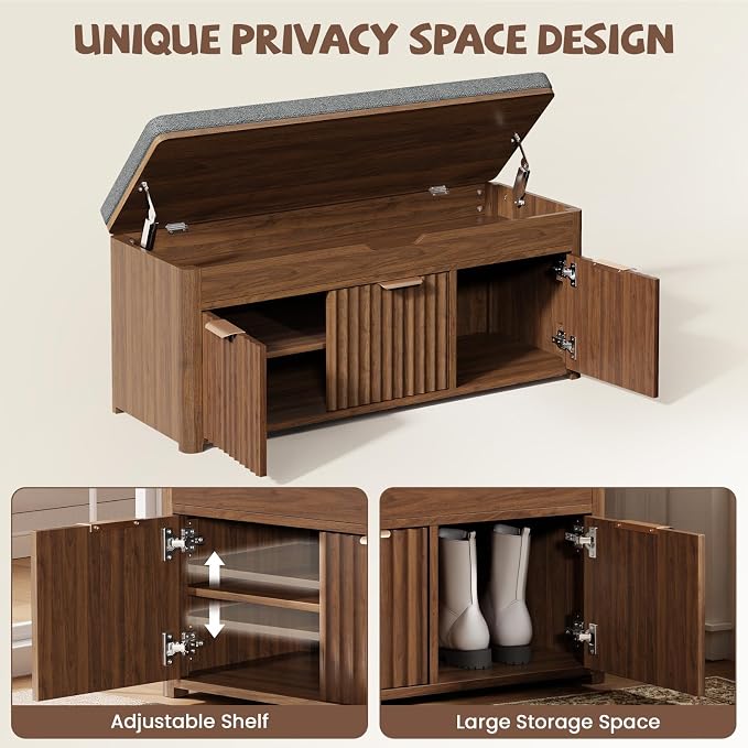 Shoe Bench with Storage - Lift Top Entryway Bench with Hidden Storage, Shoe Rack with Adjustable Shelves and Cushioned Seat, Wooden End of Bed Bench for Bedroom, Living Room and Hallway,Walnut - Image 7