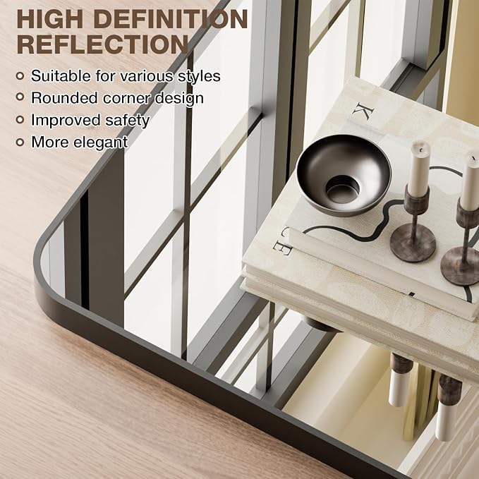 24x36 Inch Bathroom Mirrors for Over Sink, Matte Black Rectangle Mirror for Bathroom or Entryway, Wall Mounted Vanity Mirror with Aluminum Alloy Frame & Tempered Glass, Hangs Horizontally/Vertically - Image 3