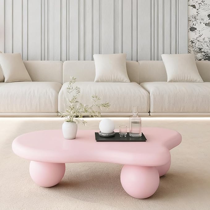 47.2" Cloud Coffee Table with 3 Ball Legs, Modern Irregular Center Table for Living Room, Low Cute Small MDF Tea Table for Bedroom, Space Apartment-Pink