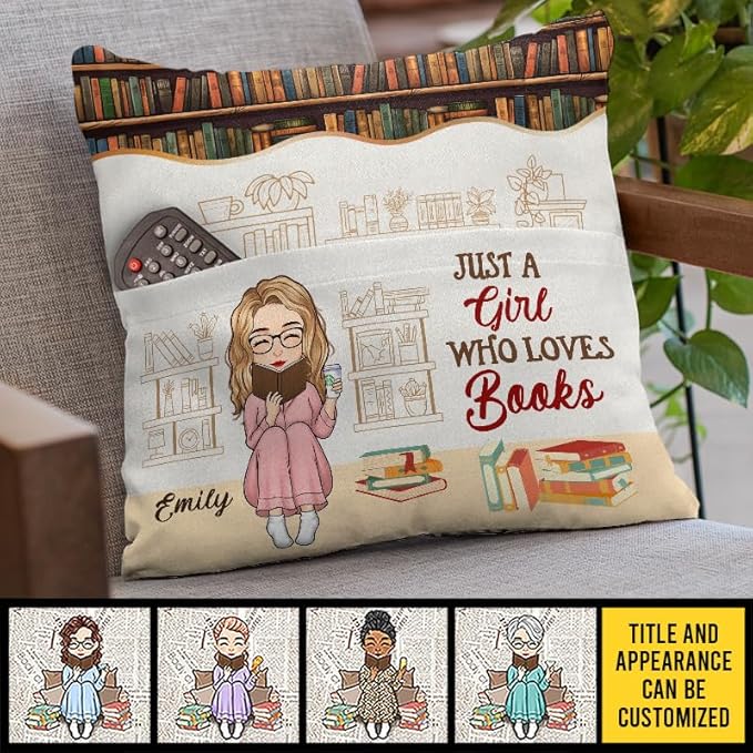 Custom Pocket Pillow, Personalized Bookish Gifts for Book Lovers, Booknerds, Bookworms, Just A Girl Who Loves Book, Books Themed Gifts for Women, Librarian Gift for Women Teacher Students