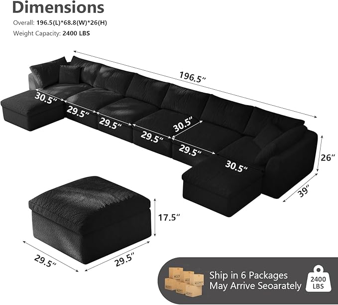Modular Sectional Sofa Boneless Cloud Couch for Living Room, U Shape Deep Seat Recliner Sofa with Ottoman, Adjustable Backrest & 2 Throw Pillows - Covers Washable, (Black, 6 Seater+2 Ottoman)