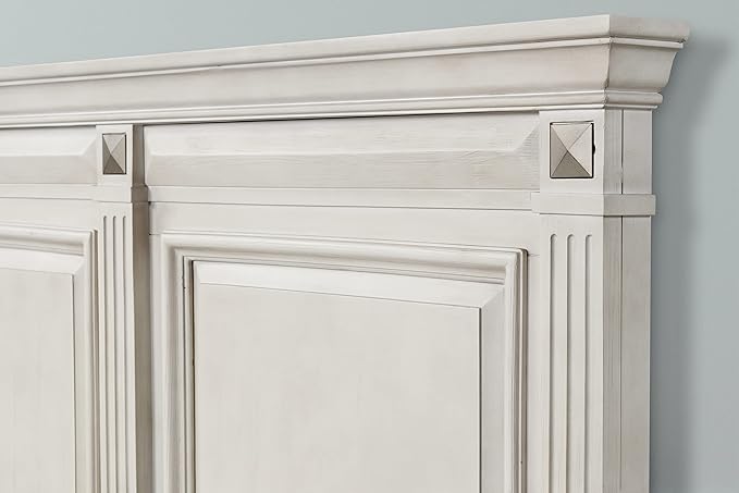 Roundhill Furniture Renova Distressed Parchment Wood Bedroom Set, Panel Bed, Dresser, Mirror, Nightstand, King