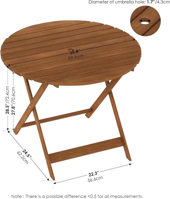 Furinno TIOMAN Folding Patio Dining Table, 35-Inch Round Outdoor Wooden Table with Umbrella Hole, 2-4 Person Patio Table for Garden, Balcony, Porch, Light Wood - Image 2