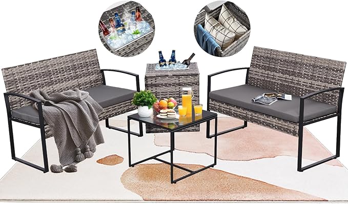 FHFO 4 Piece Outdoor Patio Furniture Set with Built-in Beverage Cooler Storage Box, Wicker Conversation Sets Patio Outdoor Loveseats & Coffee Table for Outside, Garden, Balcony, Porch, Grey/Grey