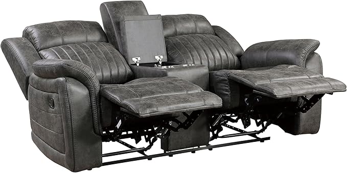 Lexicon Recliner Living Room Set, Home Theater Seating, Manual Polished Microfiber Upholstery Sofas, RV Couch Including Double Recliner Sofa, Loveseat and Chair, 3-Piece Set, Brownish Gray