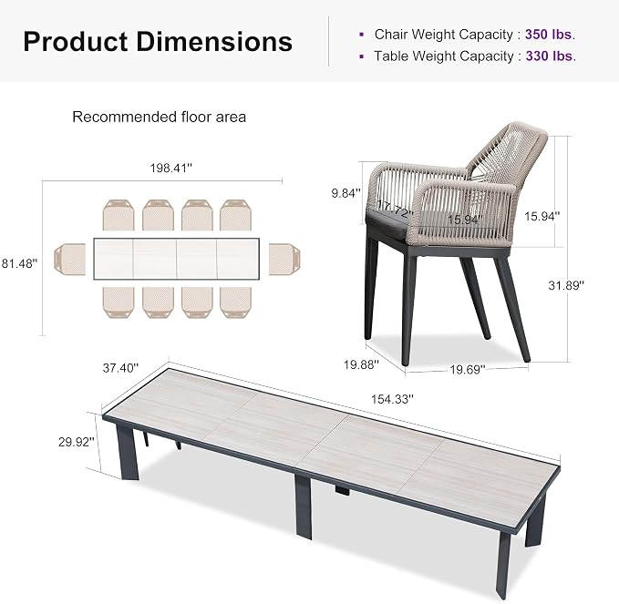 PURPLE LEAF 11 Pieces Patio Dining Set Aluminum Modern Oversize Rectangular Table and Rattan Arm Chairs with Cushions for Kitchen Porch Garden Outdoor Furniture Sets, Beige and Dark Grey - Image 8