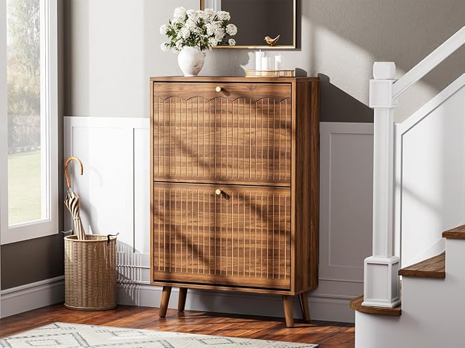 Nicetree Shoe Cabinet Storage for Entryway, 9.5" Narrow Shoe Organizer with Architectural Arched Fluted Front, Slim Shoe Rack with Adjustable Shelves,Fits Size 12 Shoes,Timeless Walnut - Image 7