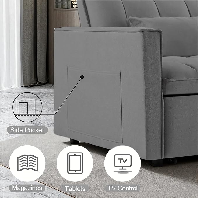 3 in 1 Pull Out Sofa Bed, 52.75" Sleeper Sofa Bed with 3-Level Adjustable Backrest, Velvet Fabric Loveseat Sleeper Couch for Living Room & Bedroom & Apartment & Dorm Furniture, Dark Grey