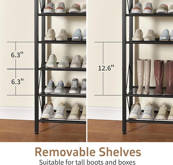 8-Tier Metal Shoe Rack for 32 Pairs, Heavy-Duty Shoe Organizer with Rustic Wooden Top, Space-Saving Entryway Shoe Storage for Closet, Garage, Hallway, Bedroom, Black & Rustic Brown - Image 5