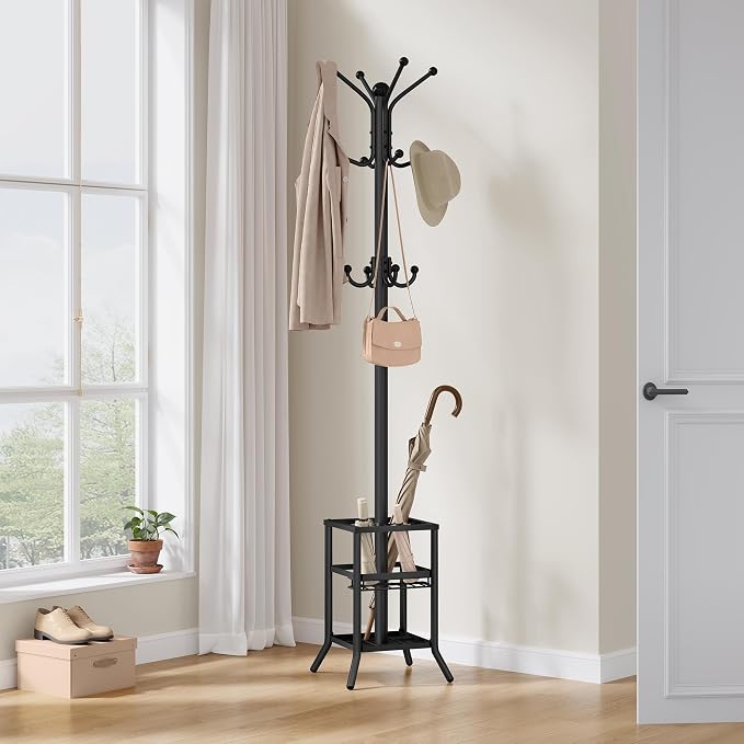 FAVOOSTY Coat Rack Freestanding,Coat Rack Stand with Umbrella Holder,Metal Coat Tree with 12 Hooks,Tree Clothes Hat for Entryway, Hallway, Bedroom, Living Room & Office -Black - Image 8