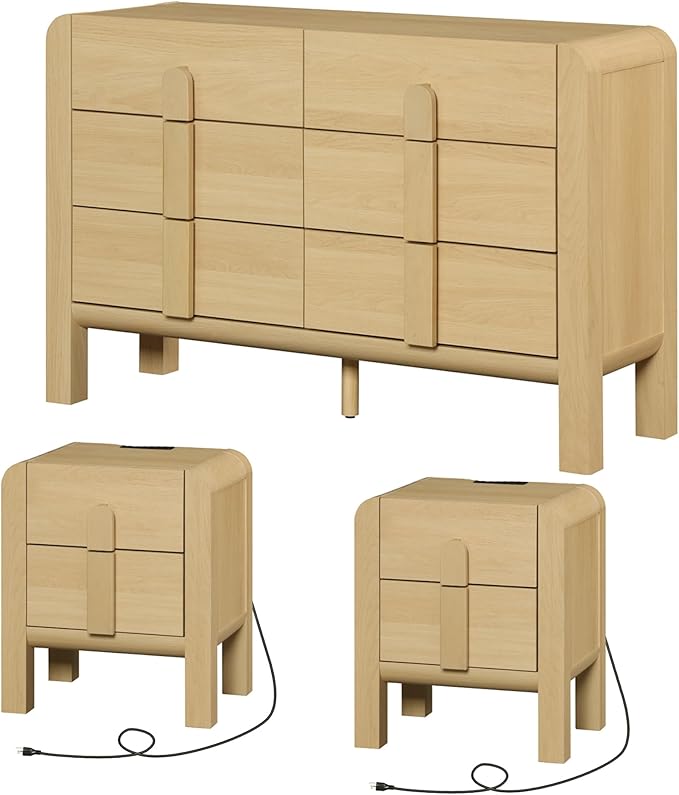 WAMPAT 3 Piece Dresser and Nightstand Sets for Bedroom, 47.2" W Modern 6 Drawer Dresser & 23.7” Tall Nightstand Set of 2 with Charging Station for Bedroom, Curved Profile Design, Oak