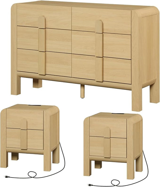 WAMPAT 3 Piece Dresser and Nightstand Sets for Bedroom, 47.2" W Modern 6 Drawer Dresser & 23.7” Tall Nightstand Set of 2 with Charging Station for Bedroom, Curved Profile Design, Oak