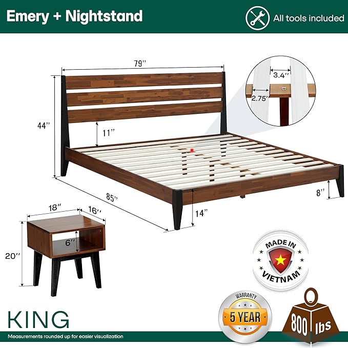 Acacia Emery King Solid Wood Platform Bed Frame with Headboard – Gift Matching Nightstand Included, Farmhouse Mid-Century Modern, Americano Finish, Sturdy, No Box Spring Needed, Easy Assembly