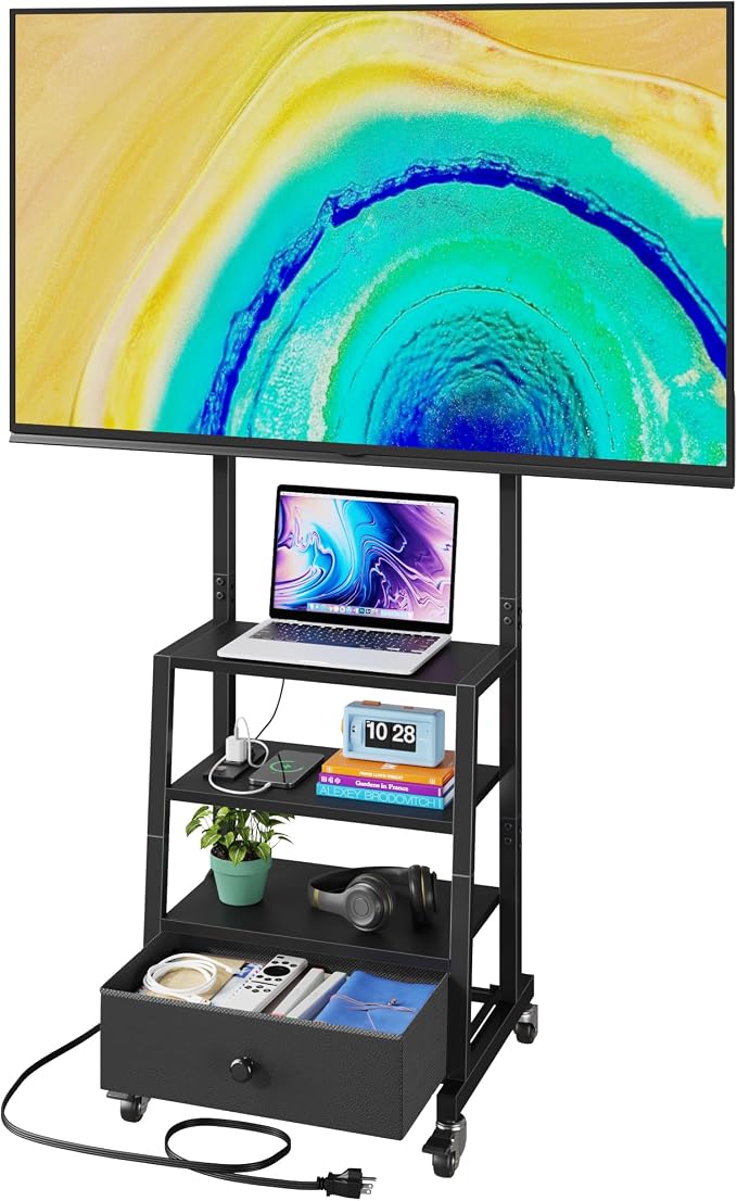 AFLUI Rolling TV Stand with Wheels and Mount & Fabric Drawer - Entertainment Center with Power Outlet and Small TV Stand for Bedroom, Living Room - 15" Black by Unknown