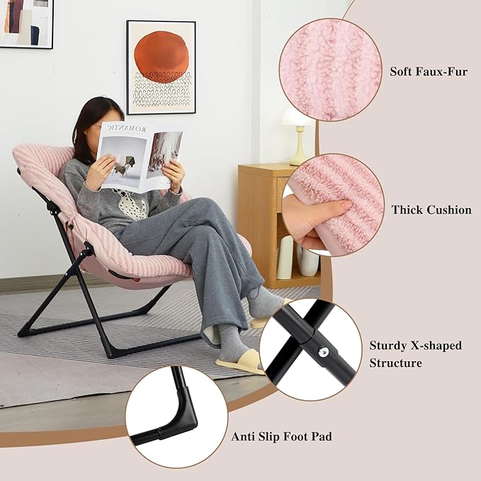 Comfy Saucer Chair for Adults, Soft Faux Fur Bedroom Chair, Accent Dorm Chairs, Flexible Living Room Reading Chairs, Oversized Folding Seat for Teens, X-Large, Stripe Pink