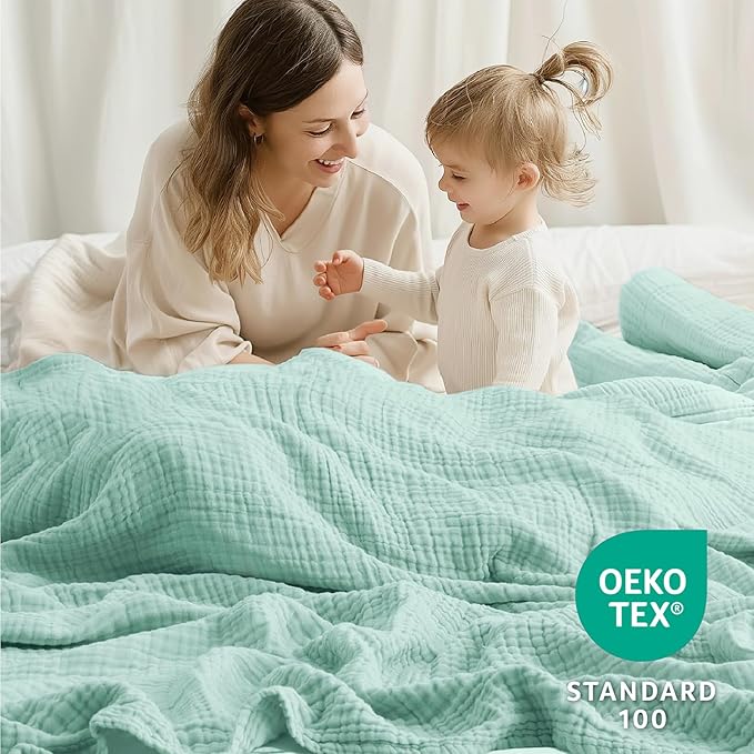 100% Cotton Muslin Blanket Queen 90" x 90", Breathable and Lightweight Cotton Throw Blankets for Bed, Soft Cooling Summer Gauze Blanket for Adults All Season, Mint
