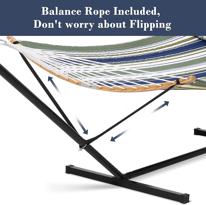 SUNCREAT Hammocks for Outside with Stand Included, Double Hammock with Curved Spreader Bar, Carrying Bag, Dark Green Stripes - Image 7
