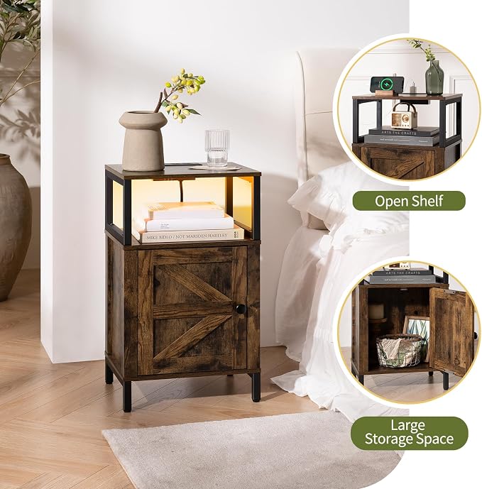 Yoobure Farmhouse NightStand with Charging Station，Wood Night Stand End Table with USB Ports, LED Bed Side Table with Storage Cabinet，Bedside Table for Bedroom, Living Room Rustic Brown - Image 4
